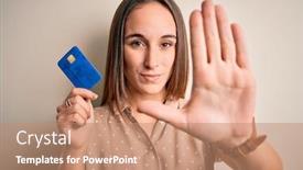  Presentation with payment - Presentation with young-beautiful-customer-woman-holding background and a coral colored foreground