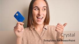  Presentation with payment - Slide set with young-beautiful-customer-woman-holding background and a coral colored foreground