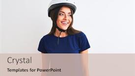  Presentation with cyclist - Presentation theme featuring young beautiful cyclist woman wearing security bike helmet over isolated white background looking away to side with smile on face natural expression laughing confident background and a soft green colored foreground