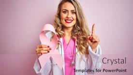  Presentation with pink ribbon - Presentation theme featuring young beautiful doctor woman holding cancer ribbon over pink isolated background surprised with an idea or question pointing finger with happy face number one background and a soft green colored foreground