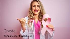  Presentation with pink ribbon - Beautiful theme featuring young beautiful doctor woman holding cancer ribbon over pink isolated background pointing and showing with thumb up to the side with happy face smiling backdrop and a coral colored foreground