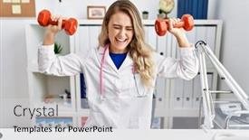  Presentation with woman sport - PPT layouts consisting of young-beautiful-doctor-woman-holding background and a light gray colored foreground