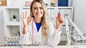  Presentation with friendly - Theme consisting of young-beautiful-doctor-woman-holding background and a  colored foreground