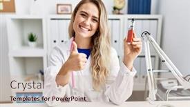  Presentation with electronic - Presentation design enhanced with young-beautiful-doctor-woman-holding background and a soft green colored foreground