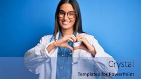  Presentation with hands the shape of a heart - Audience pleasing PPT theme consisting of young-beautiful-doctor-woman-wearing backdrop and a teal colored foreground