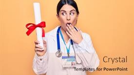  Presentation with diploma - Theme with young-beautiful-doctor-woman-wearing background and a coral colored foreground