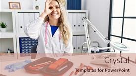  Presentation with medical hammer - PPT theme featuring young-beautiful-doctor-woman background and a coral colored foreground