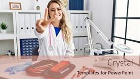  Presentation with medical hammer - Theme enhanced with young-beautiful-doctor-woman background and a coral colored foreground