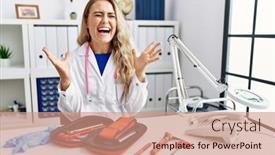  Presentation with medical hammer - PPT theme featuring young-beautiful-doctor-woman background and a coral colored foreground