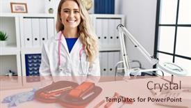  Presentation with reflex - PPT layouts having young-beautiful-doctor-woman background and a coral colored foreground