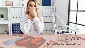  Presentation with medical hammer - PPT theme featuring young-beautiful-doctor-woman background and a coral colored foreground