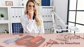  Presentation with medical hammer - Presentation theme featuring young-beautiful-doctor-woman background and a coral colored foreground