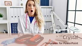  Presentation with medical hammer - Presentation design with young-beautiful-doctor-woman background and a coral colored foreground