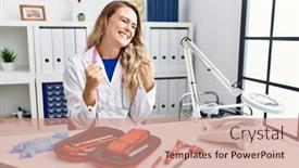  Presentation with medical hammer - PPT layouts having young-beautiful-doctor-woman background and a coral colored foreground