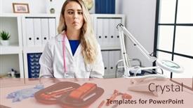 Presentation with medical hammer - Slide set with young-beautiful-doctor-woman background and a coral colored foreground