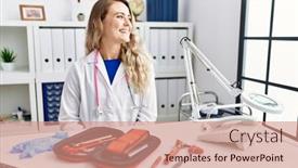  Presentation with medical hammer - Presentation design having young-beautiful-doctor-woman background and a coral colored foreground