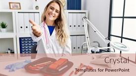  Presentation with medical hammer - Slides enhanced with young-beautiful-doctor-woman background and a coral colored foreground