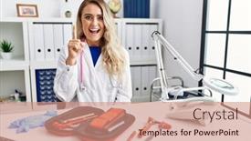  Presentation with medical hammer - Presentation theme having young-beautiful-doctor-woman background and a coral colored foreground