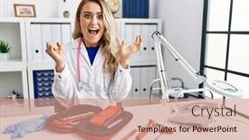  Presentation with medical hammer - Slide set having young-beautiful-doctor-woman background and a coral colored foreground