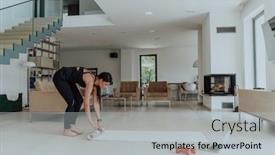  Presentation with video conference - Slide deck having young-beautiful-female-exercising-stretching background and a light gray colored foreground