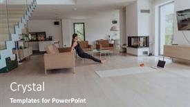  Presentation with video conference - Theme consisting of young-beautiful-female-exercising-stretching background and a gray colored foreground
