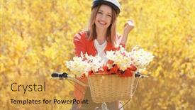  Presentation with blurred flowers - Presentation theme consisting of young beautiful girl and bicycle with flowers in basket on blurred background background and a yellow colored foreground