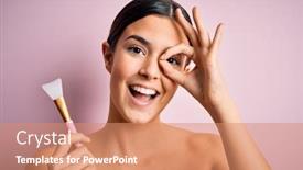  Presentation with cosmetic - Slide deck consisting of young-beautiful-girl-applying-cosmetic background and a coral colored foreground