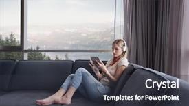  Presentation with music headphones - Presentation theme with young beautiful girl enjoying music background and a dark gray colored foreground