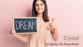  Presentation with dream - Beautiful PPT layouts featuring young-beautiful-girl-holding-blackboard backdrop and a lemonade colored foreground