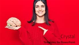  Presentation with finger - Colorful presentation theme enhanced with young-beautiful-girl-holding-brain backdrop and a crimson colored foreground