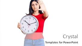  Presentation with clock - Slides enhanced with young-beautiful-girl-holding-clock background and a white colored foreground