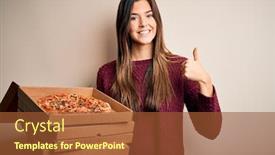  Presentation with pizza delivery - Amazing PPT theme having young-beautiful-girl-holding-delivery backdrop and a tawny brown colored foreground