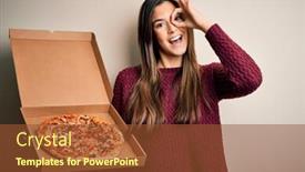  Presentation with pizza delivery - Slide set with young-beautiful-girl-holding-delivery background and a tawny brown colored foreground