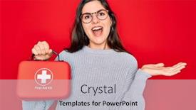  Presentation with first aid kit - Cool new PPT theme with young-beautiful-girl-holding-first backdrop and a light gray colored foreground