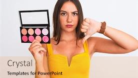  Presentation with makeup - Cool new theme with young-beautiful-girl-holding-makeup backdrop and a gold colored foreground