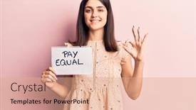  Presentation with pay - Presentation theme with young-beautiful-girl-holding-pay background and a coral colored foreground