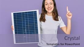  Presentation with solar panel - Amazing slide deck having young-beautiful-girl-holding-photovoltaic backdrop and a light blue colored foreground