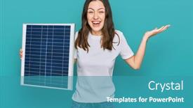  Presentation with photovoltaic - Colorful PPT theme enhanced with young-beautiful-girl-holding-photovoltaic backdrop and a  colored foreground