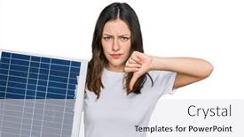  Presentation with solar panel - Slides with young-beautiful-girl-holding-photovoltaic background and a white colored foreground