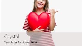  Presentation with beautiful young girl red - Presentation featuring young beautiful girl holding red heart over isolated background pointing and showing with thumb up to the side with happy face smiling background and a light gray colored foreground