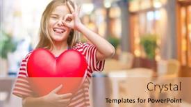  Presentation with beautiful young girl red - Presentation having young beautiful girl holding red heart over isolated background with happy face smiling doing ok sign with hand on eye looking through fingers background and a coral colored foreground