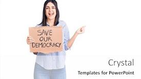  Presentation with democracy - Presentation having young-beautiful-girl-holding-save background and a white colored foreground