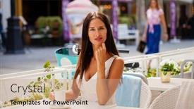  Presentation with restaurant - PPT theme having young beautiful girl in white dress drinks coffee in summer restaurant background and a coral colored foreground