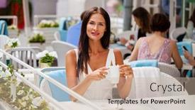  Presentation with restaurant - Theme featuring young beautiful girl in white dress drinks coffee in summer restaurant background and a mint green colored foreground