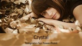  Presentation with dead leaves - PPT theme enhanced with young beautiful girl laying over a dead leaves sheet background and a gold colored foreground
