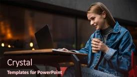  Presentation with takeaway coffee - Amazing PPT theme having young-beautiful-girl-sitting backdrop and a wine colored foreground