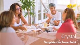  Presentation with cup coffee - Slide deck with young-beautiful-girl-smiling-happy background and a coral colored foreground