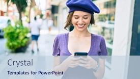  Presentation with city street - Colorful slide deck enhanced with young-beautiful-girl-smiling-happy backdrop and a sky blue colored foreground