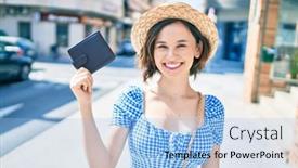  Presentation with city street - PPT theme having young-beautiful-girl-smiling-happy background and a light blue colored foreground