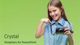  Presentation with finger - Slide set consisting of young beautiful girl taking photos background and a mint green colored foreground
